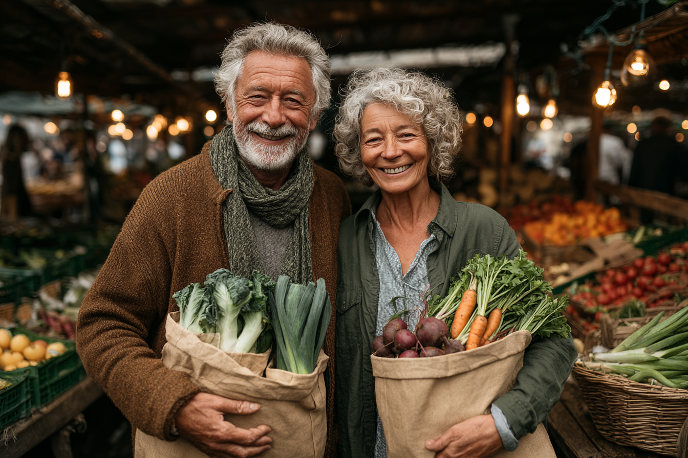 Persoane mature savurând o masă sănătoasă